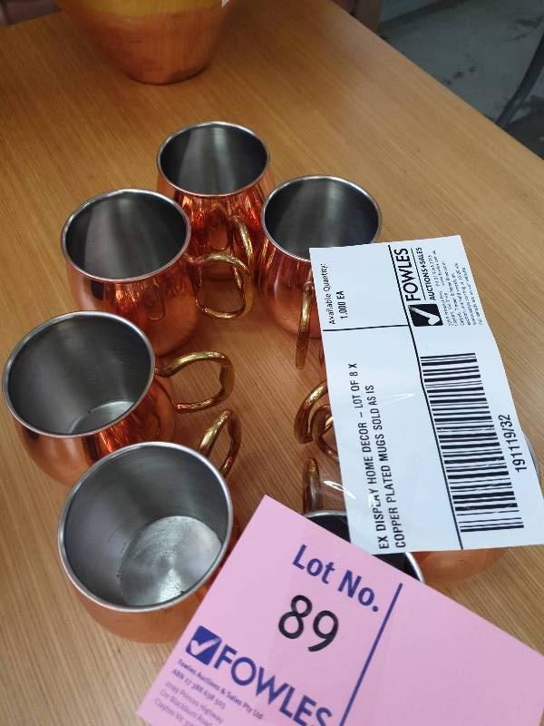 EX DISPLAY HOME DECOR - LOT OF 8 X COPPER PLATED MUGS SOLD AS IS