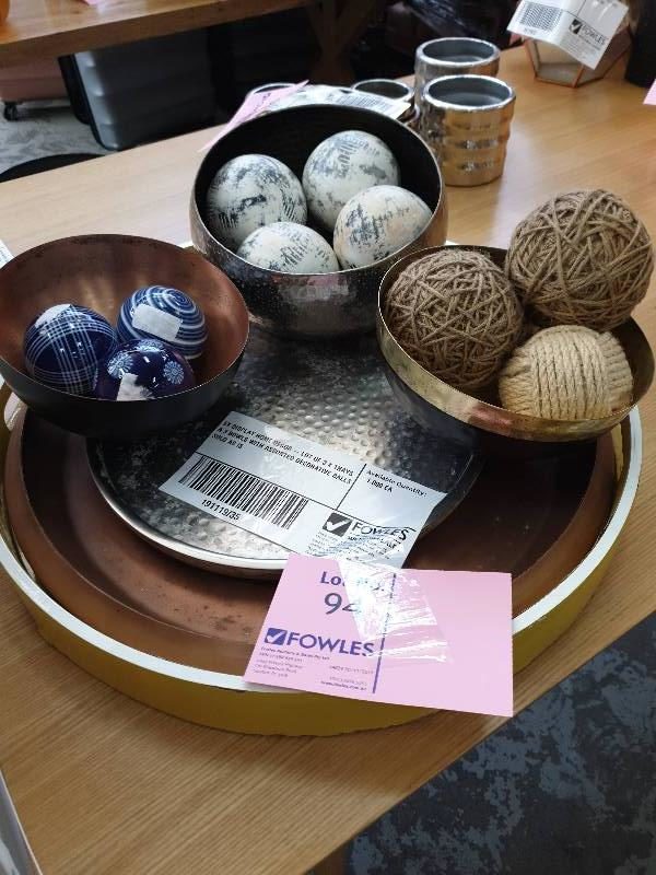 EX DISPLAY HOME DECOR - LOT OF 3 X TRAYS & 3 BOWLS WITH ASSORTED DECORATIVE BALLS SOLD AS IS