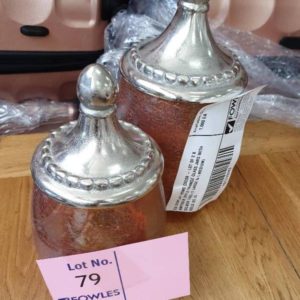 EX DISPLAY HOME DECOR - LOT OF 2 X ANTIQUE STYLE ORANGE GLASS JARS WITH SILVER LIDS (1 LARGE & 1 MEDIUM) SOLD AS IS