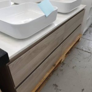 NEW NOVA 1500MM ASH VANITY WALL HUNG WITH 4 DRAWERS AND CARRARA STONE TOP WITH DOUBLE ABOVE COUNTER BOWLS