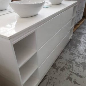 NEW LUSH 1800MM FLOOR VANITY WITH 4 CENTRAL DRAWERS AND OPEN SHELVES EACH END WITH WHITE QUARTZ STONE TOP & DOUBLE ABOVE COUNTER BOWLS