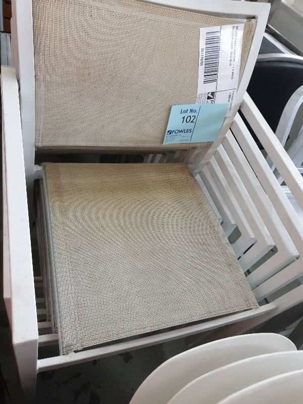SECOND HAND FURNITURE - 7 X WHITE OUTDOOR CHAIR SOLD AS IS