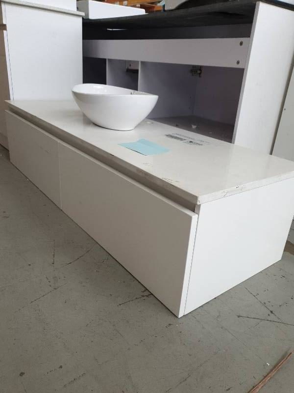 1500MM WALL HUNG WITH 2 DRAWER SIDE BY SIDE WITH WHITE STON TOP AND SINGLE BOWL