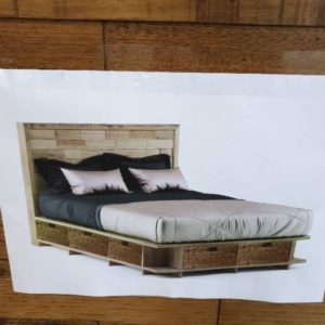 NEW ROWAN TASMANIAN OAK QUEEN BEDFRAME ROUGH SAWN BED HEAD WITH SHELVES AROUND BED BASE **BASKETS NOT INCLUDED**RRP$1499