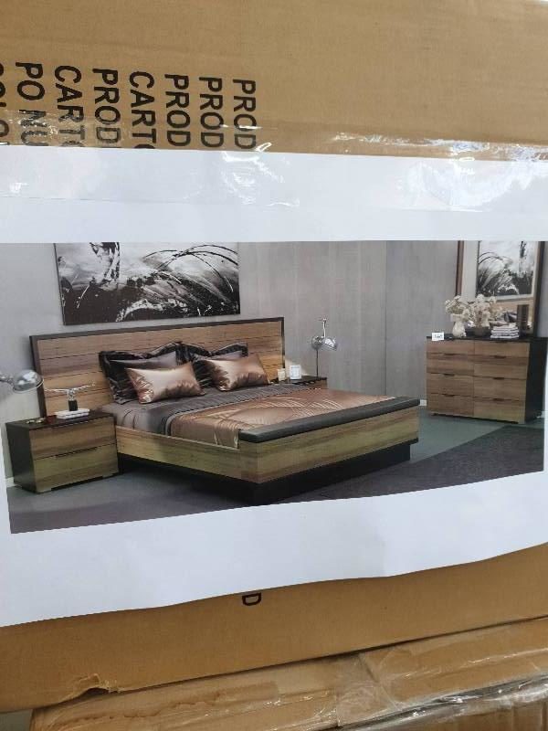 NEW WHISPER QUEEN SIZE CONTEMPORARY BEDROOM SUITE IN AUSTRALIAN WORMY CHESTNUT CONSITS OF QUEEN BEDFRAME WITH STYLISH EXTENDED BEDHEAD & BLACK PANEL FOOTEND BLANKET BOX WITH TALL BOY DRESSER WITH MIRROR 2 X BEDSIDE TABLES RRP$4000
