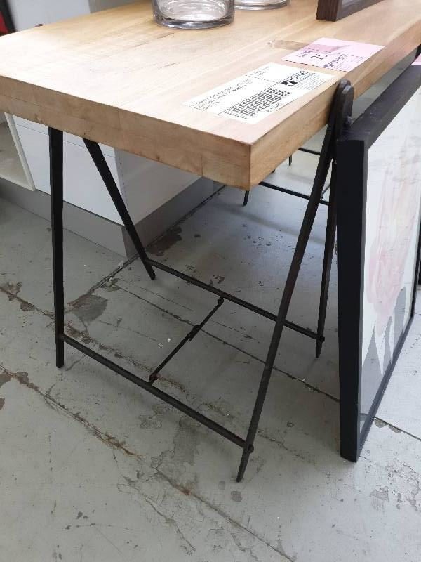 EX DISPLAY HOME FURNITURE - HALL TABLE WITH THICK TIMBER TOP AND METAL LEGS SOLD AS IS