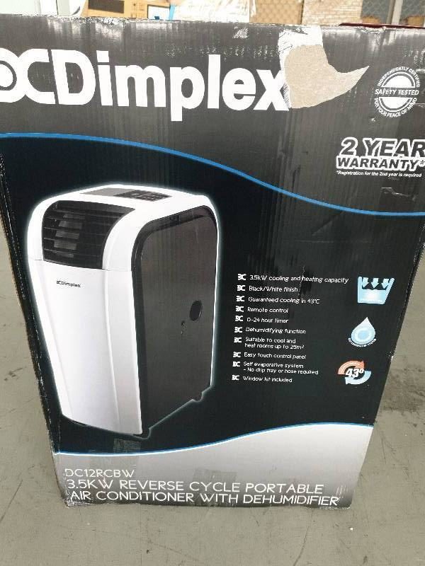 EX DISPLAY DIMPLEX DC12RCBW 3.5KW PORTABLE REVERSE CYCLE AIR CONDITIONER WITH DEHUMIDFYING FUNCTION WITH SELF EVAPORATIVE SYSTEM RRP$999 WITH 12 MONTH WARRANTY