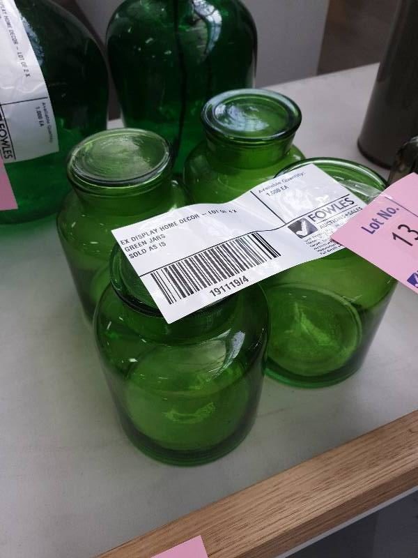EX DISPLAY HOME DECOR - LOT OF 4 X GREEN JARS SOLD AS IS