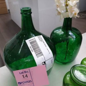 EX DISPLAY HOME DECOR - LOT OF 2 X GREEN VASES SOLD AS IS