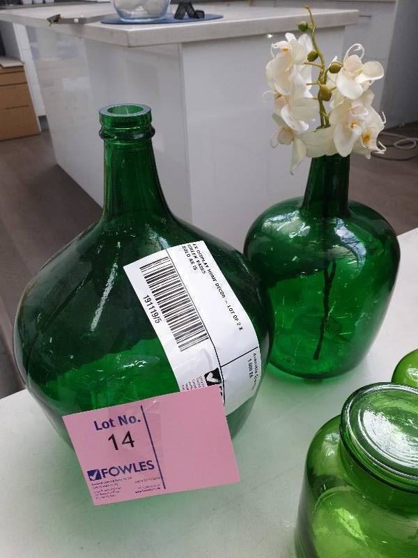 EX DISPLAY HOME DECOR - LOT OF 2 X GREEN VASES SOLD AS IS