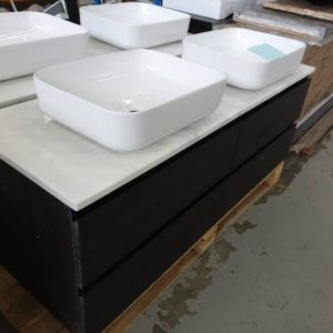 NEW NOVA 1500MM DARK VANITY WALL HUNG WITH 4 DRAWERS AND CARRARA STONE TOP WITH DOUBLE ABOVE COUNTER BOWLS