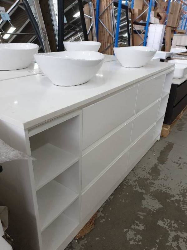 NEW LUSH 1800MM FLOOR VANITY WITH 4 CENTRAL DRAWERS AND OPEN SHELVES EACH END WITH WHITE QUARTZ STONE TOP & DOUBLE ABOVE COUNTER BOWLS