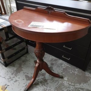 SECOND HAND FURNITURE - HALF MOON TIMBER HALL TABLE SOLD AS IS