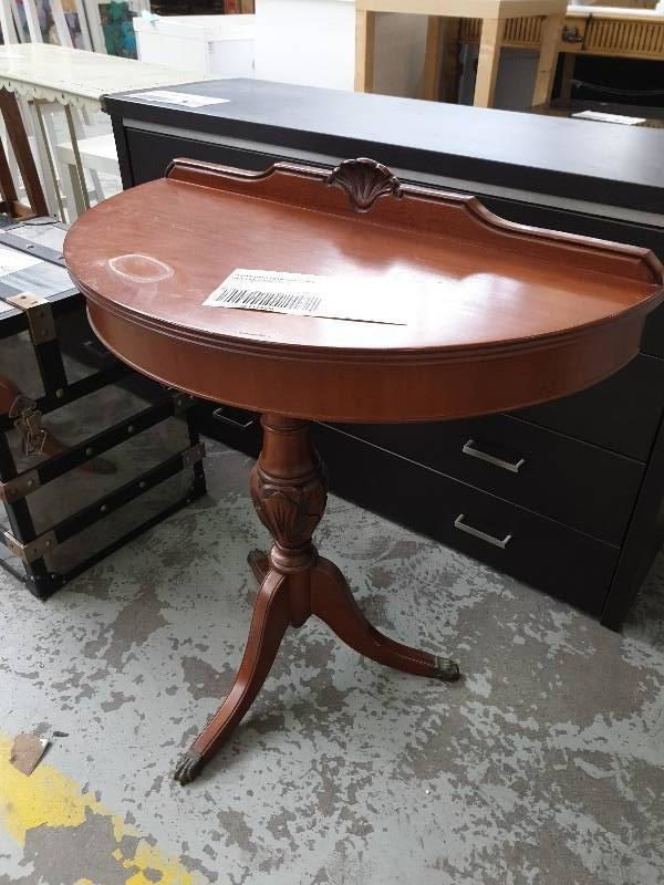 SECOND HAND FURNITURE - HALF MOON TIMBER HALL TABLE SOLD AS IS