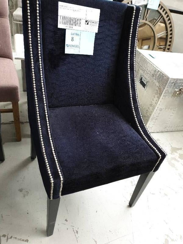 SECOND HAND FURNITURE - BLUE VELVET CHAIR WITH STUD DETAIL SOLD AS IS