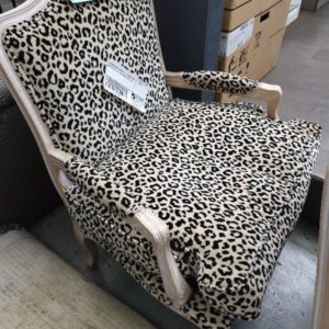 SECOND HAND FURNITURE - LEOPARD PRINT ARM CHAIR LIGHT OAK FRAME SOLD AS IS