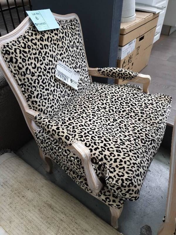 SECOND HAND FURNITURE - LEOPARD PRINT ARM CHAIR LIGHT OAK FRAME SOLD AS IS
