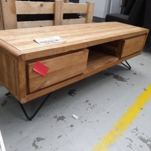 EX DISPLAY HOME FURNITURE - LIGHT TIMBER LOW CONSOLE WITH METAL LEGS SOLD AS IS