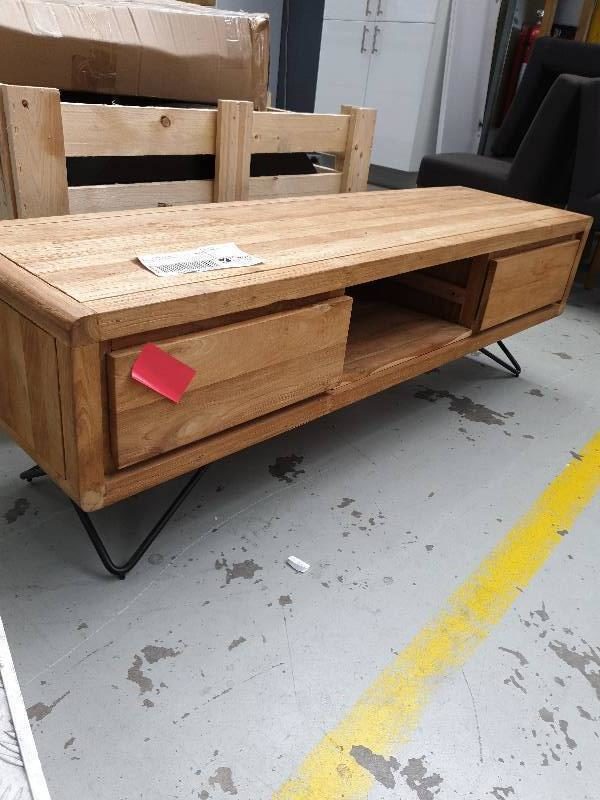 EX DISPLAY HOME FURNITURE - LIGHT TIMBER LOW CONSOLE WITH METAL LEGS SOLD AS IS