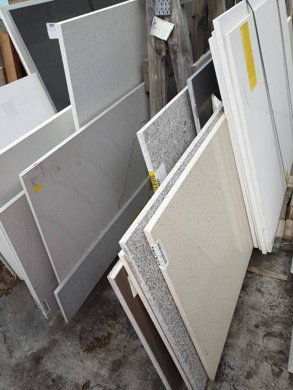 A FRAME CONTAINING ASSORTED STONE BENCH TOPS-(A FRAME INCLUDED)