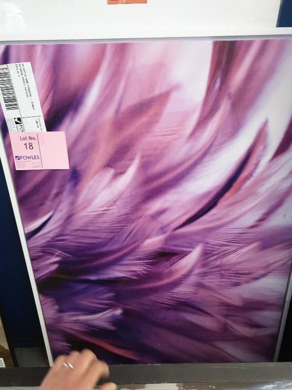 EX DISPLAY HOME FURNITURE - FRAMED ARTWORK PURPLE FEATHERS SOLD AS IS