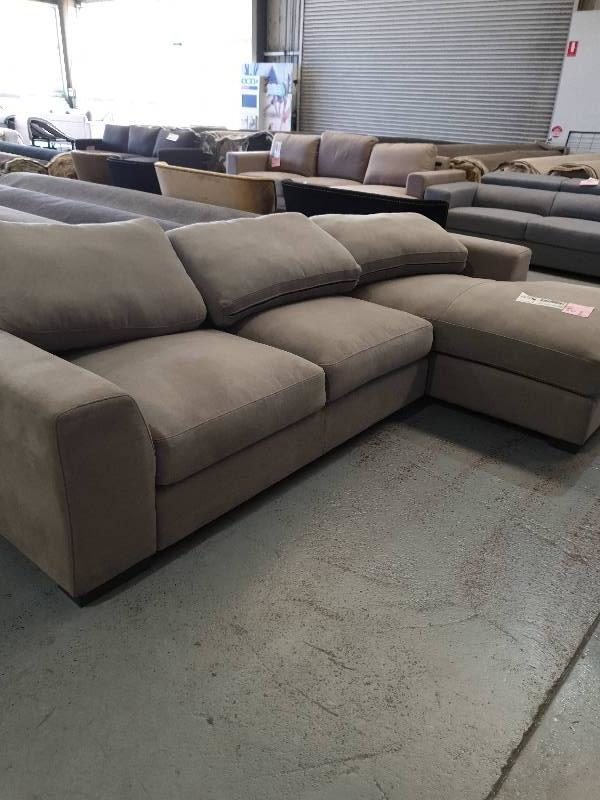 EX DISPLAY HOME FURNITURE - BEIGE MATERIAL 3 SEATER COUCH WITH CHAISE SOLD AS IS