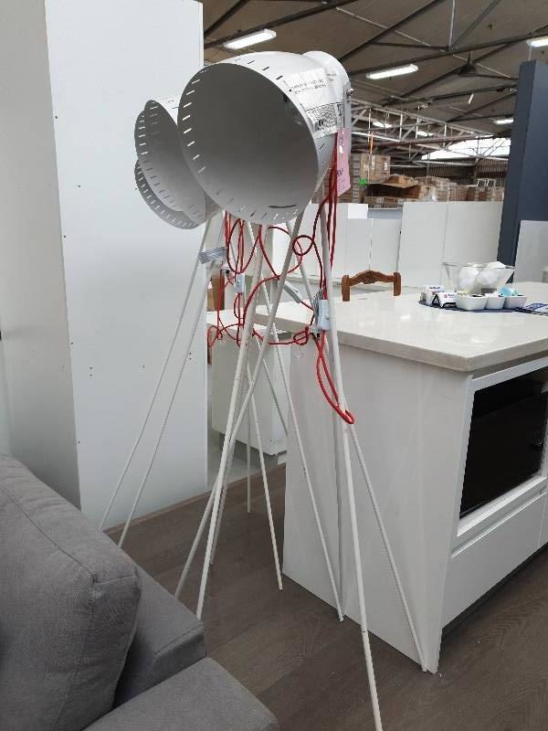 EX DISPLAY HOME FURNITURE - WHITE METAL TRIPOD FLOOR LAMP SOLD AS IS