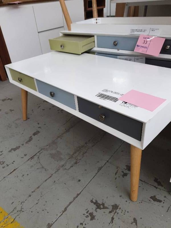 EX DISPLAY HOME FURNITURE - WHITE 6 DRAWER TRI COLOUR COFFEE TABLE SOLD AS IS