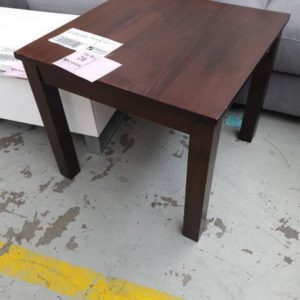 EX DISPLAY HOME FURNITURE - BROWN SQUARE TIMBER SIDE TABLE SOLD AS IS
