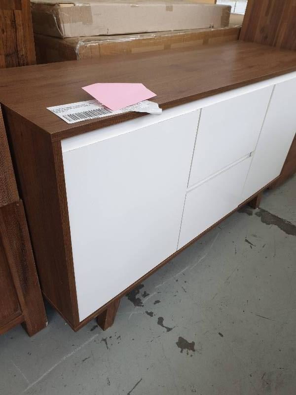 EX DISPLAY HOME FURNITURE - WHITE GLOSS & BROWN BUFFETT TABLE SOLD AS IS