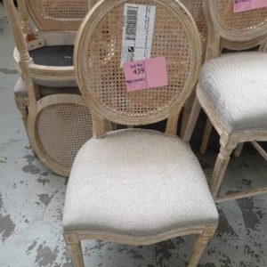 EX HIRE - FRENCH STYLE BEIGE UPHOLSTERED DINING CHAIR SOLD AS IS