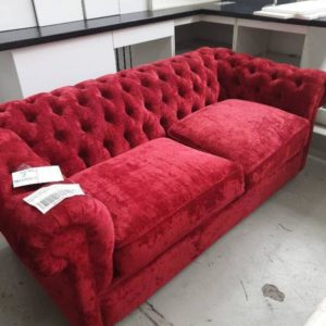 EX DISPLAY HOME FURNITURE - RED BUTTON UPHOLSTERED 2 SEATER COUCH SOLD AS IS