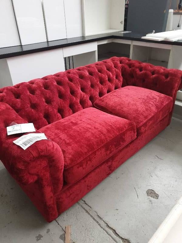 EX DISPLAY HOME FURNITURE - RED BUTTON UPHOLSTERED 2 SEATER COUCH SOLD AS IS