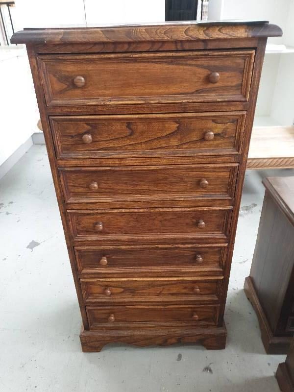 EX DISPLAY HOME FURNITURE - NARROW TALL DRAWER CABINET TIMBER SOLD AS IS