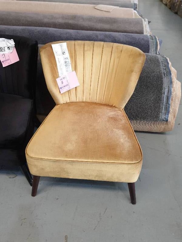EX HIRE - GOLD UPHOLSTERED ARMCHAIR WITH STUD DETAIL ON BACK SOLD AS IS
