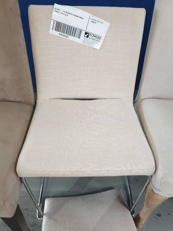 EX HIRE - 4 X ASSORTED CREAM DINING CHAIRS SOLD AS IS