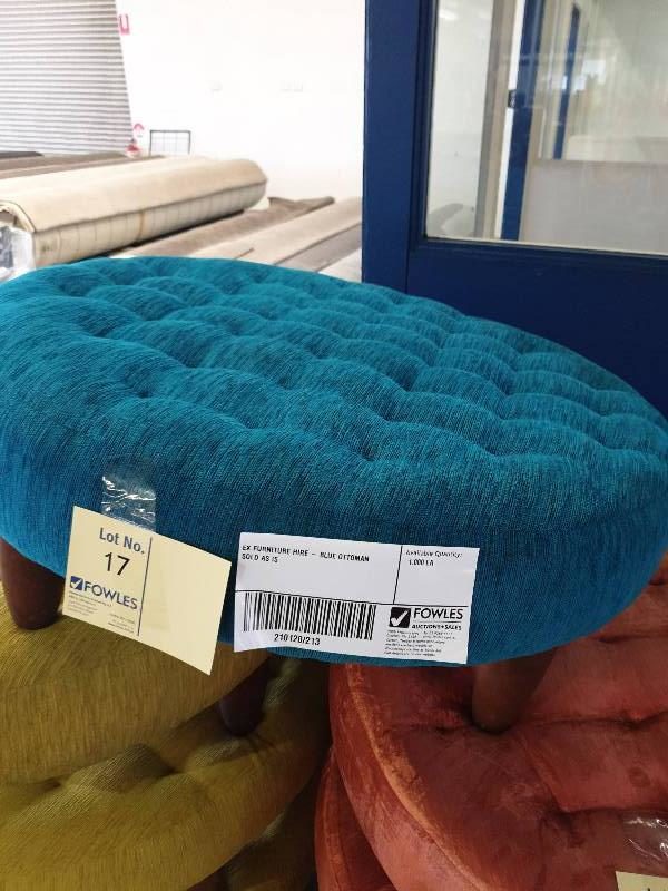 EX FURNITURE HIRE - BLUE OTTOMAN SOLD AS IS
