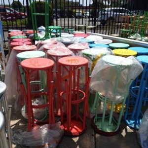 EX FURNITURE HIRE - LARGE LOT OF APPROX 90 ASSORTED COLOUR METAL BAR STOOLS SOLD AS IS