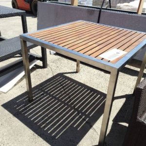 EX FURNITURE HIRE - TIMBER & STEEL OUTDOOR TABLE SOLD AS IS
