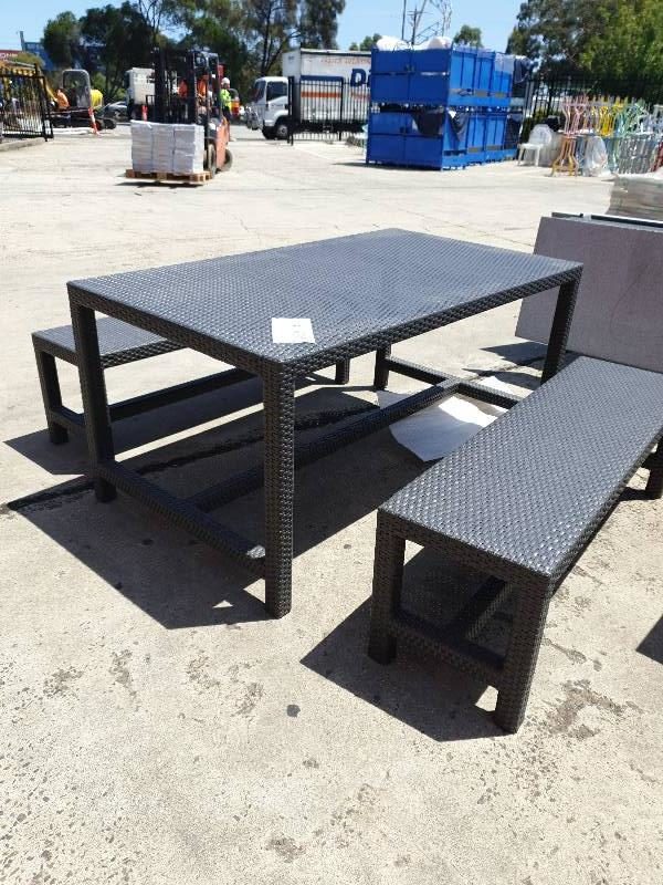 EX FURNITURE HIRE - GREY RATTAN TABLE WITH 2 BENCH SEATS SOLD AS IS