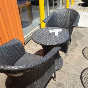 EX FURNITURE HIRE - GREY RATTAN TABLE WITH 2 CHAIRS SOLD AS IS