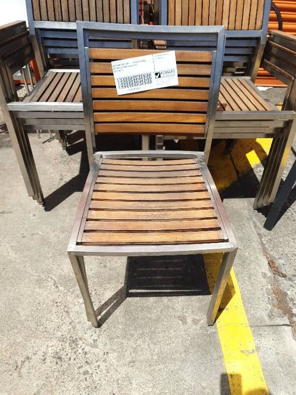 EX FURNITURE HIRE - TIMBER & STEEL OUTDOOR CHAIR SOLD AS IS SOLD AS IS