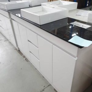 1500MM DOUBLE BOWL VANITY GLOSS WHITE WITH CENTRAL DOORS AND DRAWERS EACH END WITH WHITE STONE BENCH TOP WITH ABOVE COUNTER BOWLS BN1470