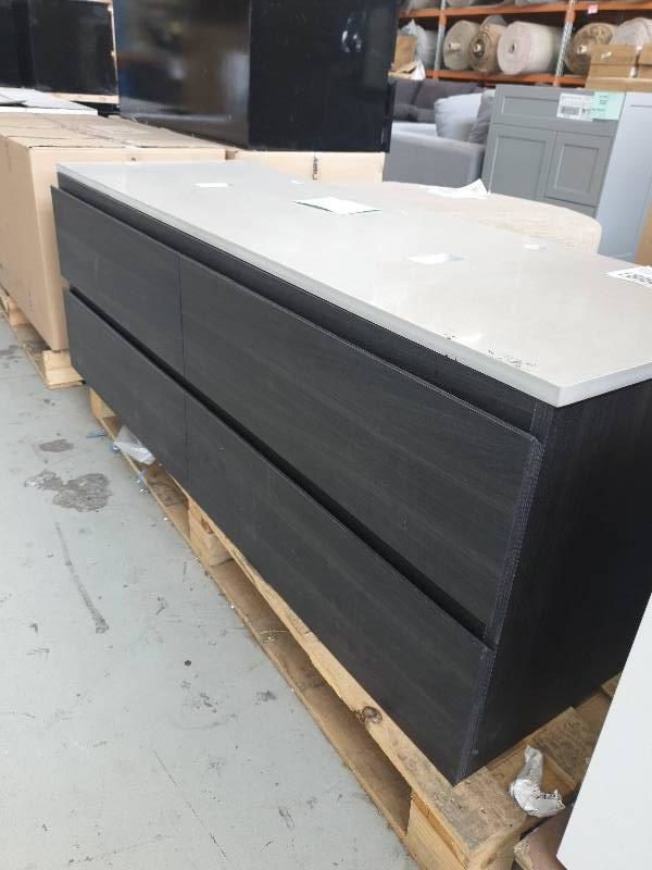 NEW NOVA 1500MM DARK VANITY WALL HUNG WITH 4 DRAWERS & QUARTZ STONE TOP WITH DOUBLE ABOVE COUNTER BOWLS