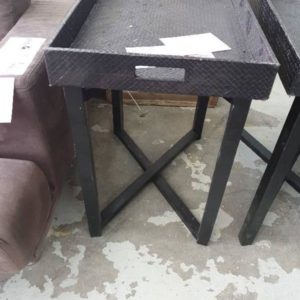 EX HIRE - DARK TIMBER SIDE TABLE WITH WOVEN TRAY SOLD AS IS