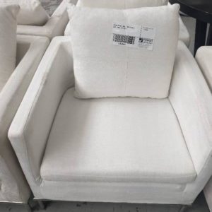 EX FURNITURE HIRE - WHITE LINEN ARM CHAIR SOLD AS IS