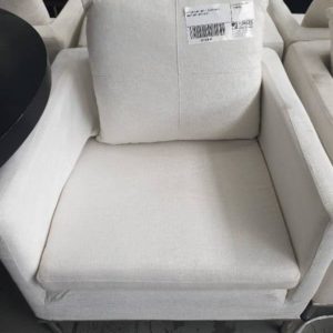 EX FURNITURE HIRE - WHITE LINEN ARM CHAIR SOLD AS IS