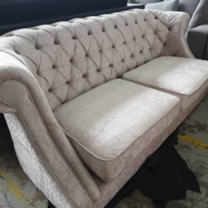 EX FURNITURE HIRE - RETRO PINK UPHOLSTERED COUCH SOLD AS IS