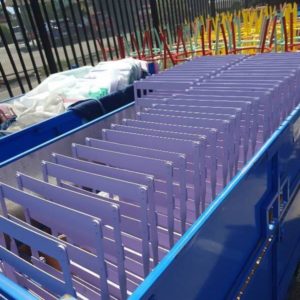 LARGE STILLAGE OF LILAC FOLDING METAL BAR STOOLS **STILLAGE IS NOT INCLUDED IN THE SALE** SOLD AS IS