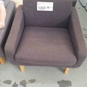 EX FURNITURE HIRE - GREY MATERIAL ARMCHAIR WITH TIMBER FRAME SOLD AS IS